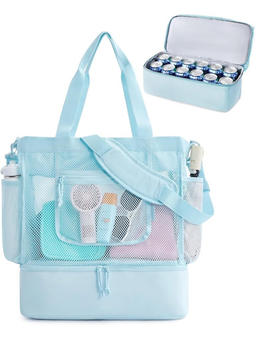 Womens Sky Blue Beach Bag Mesh Tote Zipper Sandproof Cooler Swim Cruise Pool Bag